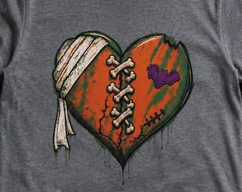 Halloween Zombie Heart T-Shirt, Green and Orange Bandaged Heart & Bat Graphic Tee