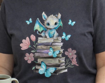 Baby Dragon Book Hoard Shirt, Fantasy Graphic Tee with Butterflies and Flowers