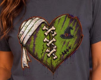 Halloween Zombie Heart T-Shirt, Green and Purple Bandaged Heart & Witch Hat Graphic Tee