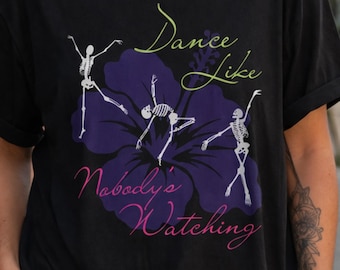 Dance Like Nobody's Watching,  Ballerina Skeletons Dancing on a Purple Flower Graphic Tee