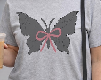 Cracked Butterfly Shirt with Pink Bow, Edgy Coquette Grunge Tee