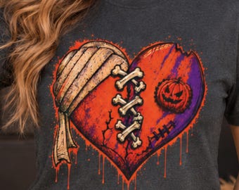 Halloween Zombie Heart T-Shirt, Orange and Purple Bandaged Heart & Pumpkin Graphic Tee