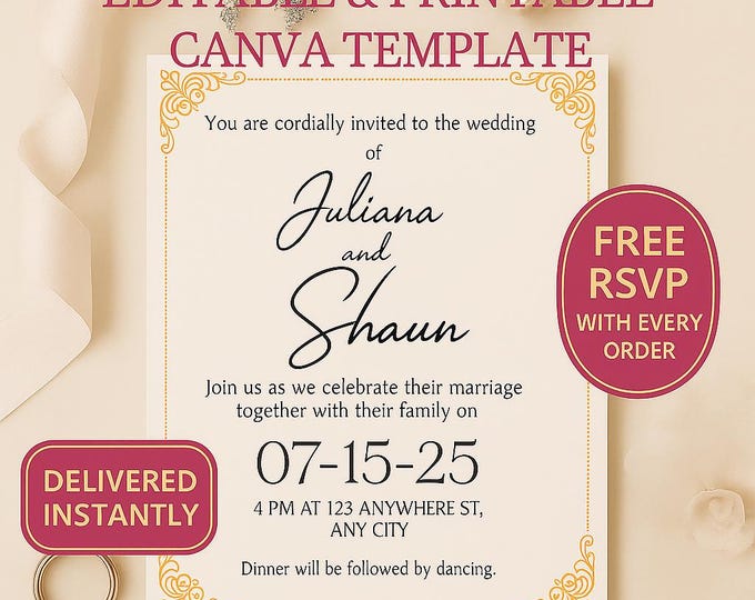 Editable Wedding Invitation Template Canva | Instant Download Invite | Gold Floral Design + Free RSVP | Printable Digital Download