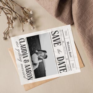 Newspaper Style Save the Date Template Editable Invite Canva Wedding Announcement Vintage Wedding Invite Instant Download