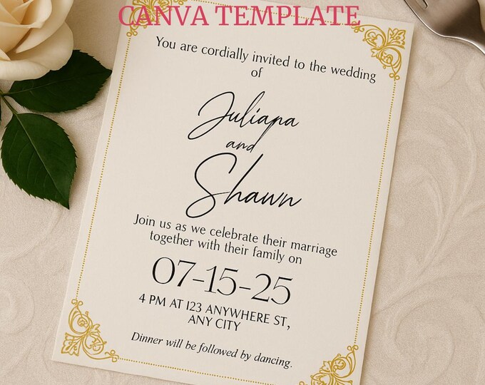 Elegant Wedding Invitation Template | Editable Canva Design with Gold Floral Border | Printable PDF & JPEG | Modern Romantic Invite