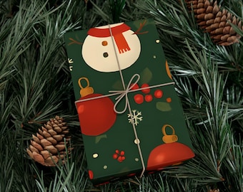 Christmas Wrapping Paper – Premium Satin & Matte Gift Wrap Roll, Holiday Gift Packaging, Festive Snowmen, Ornaments, Holly, Stars