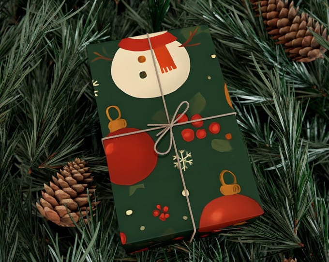 Christmas Wrapping Paper – Premium Satin & Matte Gift Wrap Roll, Holiday Gift Packaging, Festive Snowmen, Ornaments, Holly, Stars