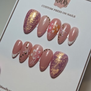 Shimmer Hibiscus Flower Nails Ready To Ship | Medium Almond Nails | Size Medium - false nails glue on nails stick on nails