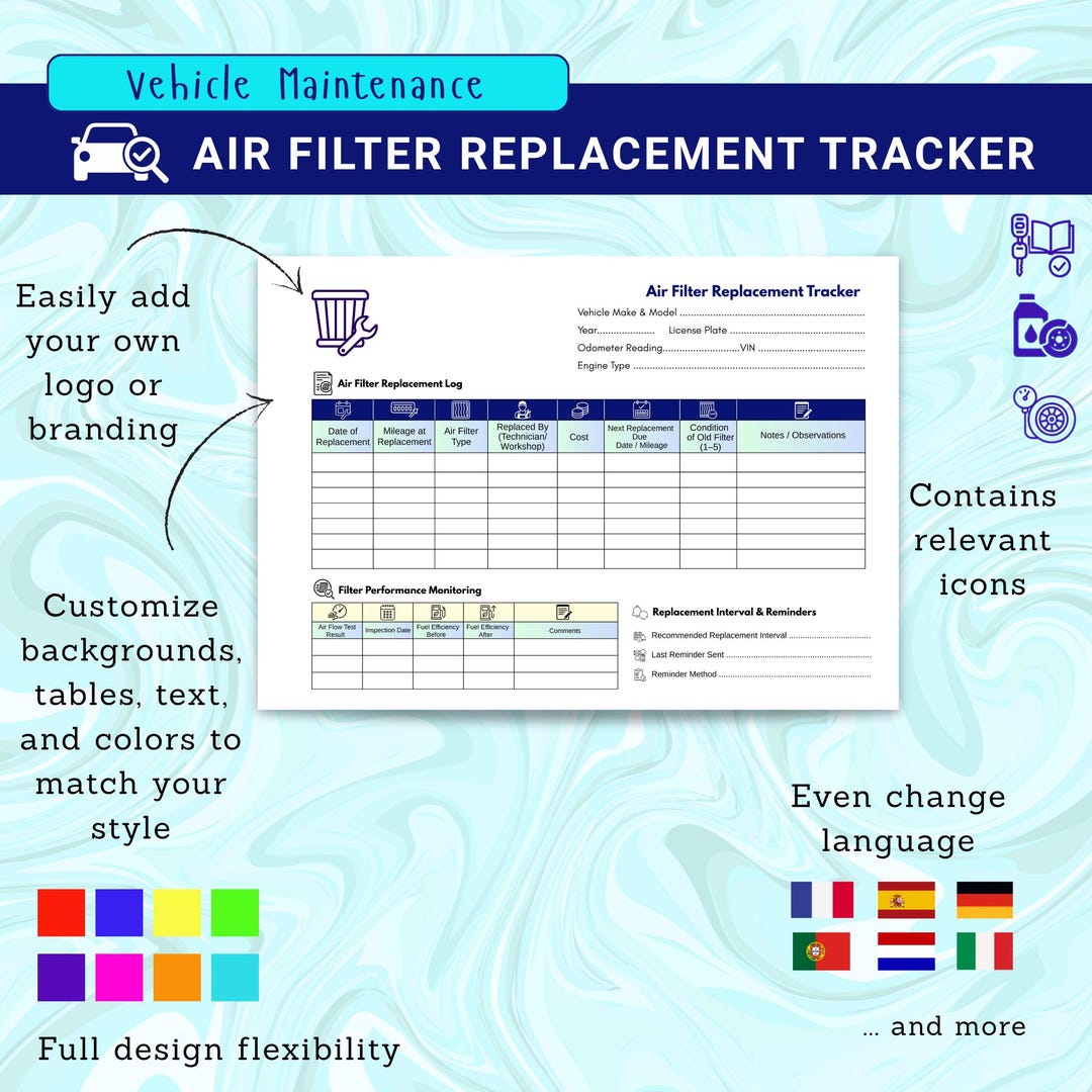 Air Filter Replacement Tracker: Vehicle Maintenance Log (A4 & US Letter ...