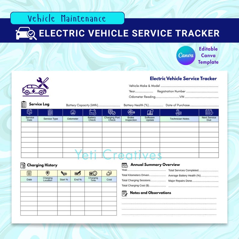 Servicetracker Pdf EV Maintenance Log: Electric Vehicle Service Tracker, Editable Canva ...