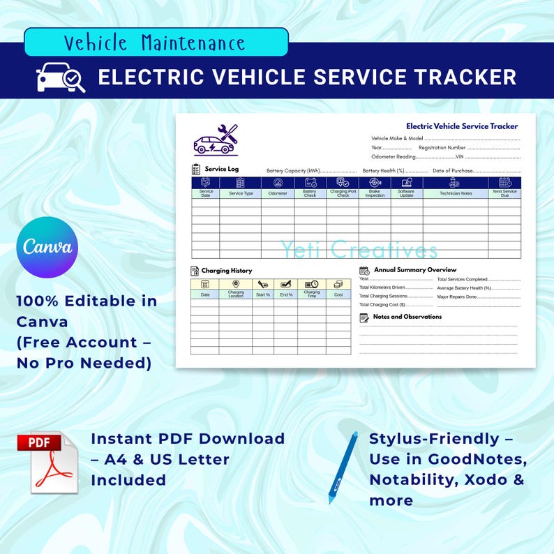 Servicetracker Pdf EV Maintenance Log: Electric Vehicle Service Tracker, Editable Canva ...
