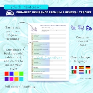 Insurance Premium and Renewal Tracker | Vehicle Insurance Log Printable | Editable Canva Template | Car Policy Organizer | A4 & US LetterPDF