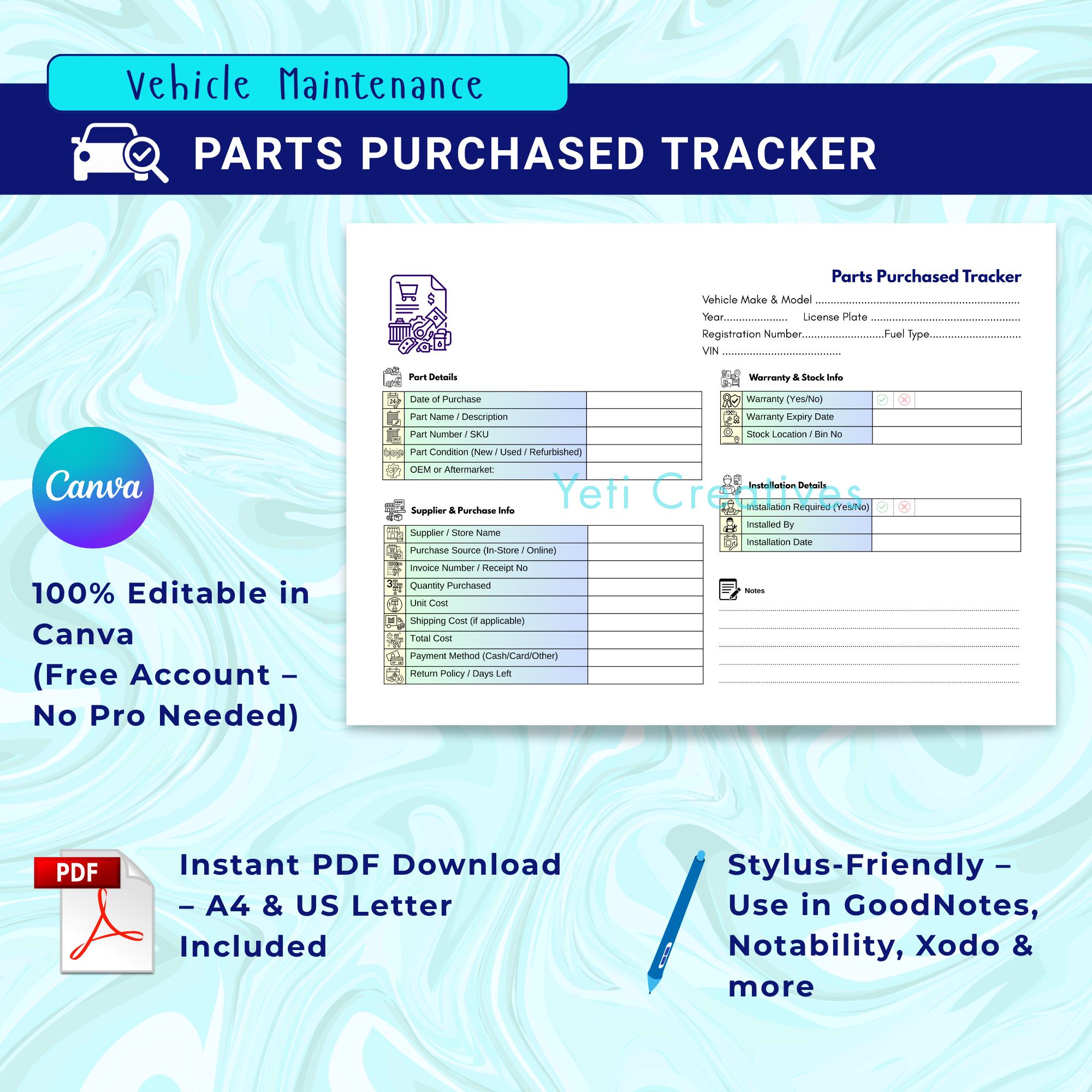 Part Tracker Sign Vehicle Parts Tracker Printable: Editable Canva Template (A4 & US ...