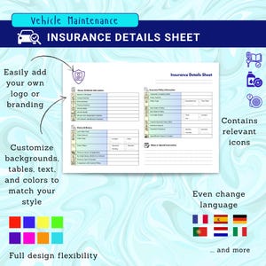 Insurance Details Sheet | Vehicle Insurance Tracker Printable | Editable Canva Template | Car Policy Information Record | A4 & US Letter PDF
