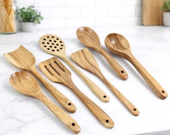 Acacia Wood Utensil Set of 7 Kitchen Utensils: Wooden Cooking Spatulas & Spoons