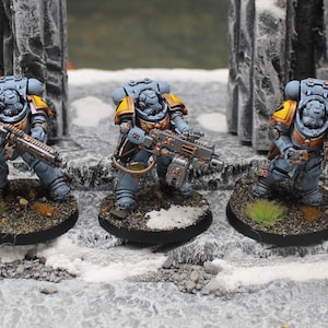Puede incluir: Cinco figuras en miniatura de marines espaciales, cada una sobre una base circular. Las figuras están pintadas en tonos de azul, amarillo y marrón, y están armadas con rifles. La escena se desarrolla sobre un fondo de un paisaje nevado y estructuras de piedra.