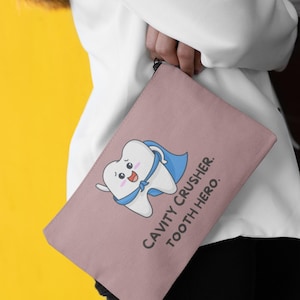 Cavity Crusher Tooth Hero Dental Pouch | Dentist Office Gift | Orthodontist Retainer Bag | Dental Assistant Zipper Case
