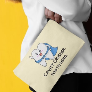 Cavity Crusher Tooth Hero Dental Pouch | Dentist Office Gift | Orthodontist Retainer Bag | Dental Assistant Zipper Case