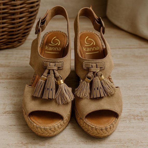Kanna Espadrille Wedge Sandals Suede Tassel Peep Toe Beige  display picture 1