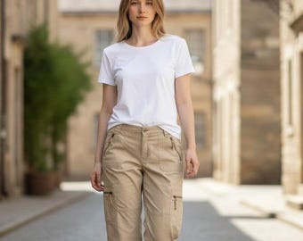 Calça cargo cropped cáqui bege Lauren Ralph Lauren feminina tamanho 12, elástica, utilitária, estilo Gorpcore.