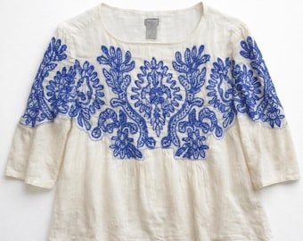 Chicos Blau Bestickte Perlen Gaze Bluse Creme Boho Top Sm 3/4 Ärmel Bauer