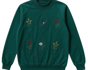Vintage Alfred Dunner Green Embroidered Sweatshirt Floral Bird M Cottagecore GMA