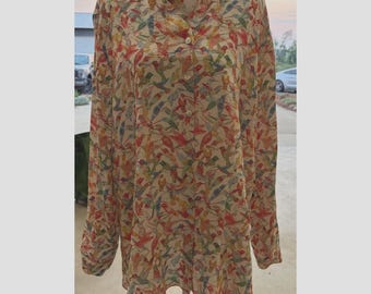 Túnica John Mark para mujer con estampado de colibríes, cierre de botones y cremallera trasera, talla L. Amante de la naturaleza.