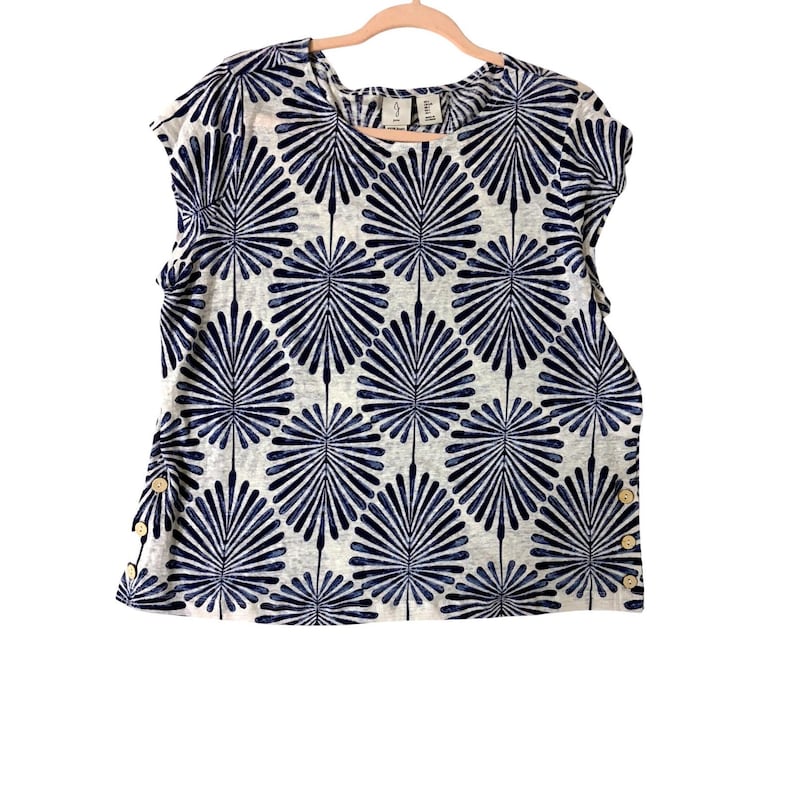 Joie Womens Large Navy Blue White Palm Leaf Print 100% Linen Side Button Top image 1
