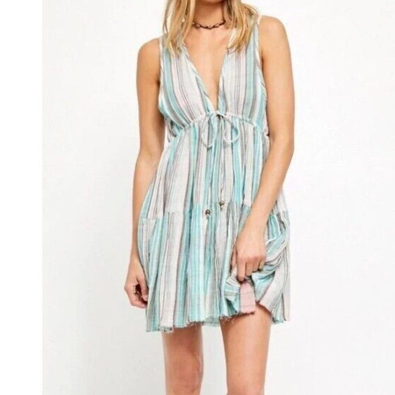 Sukienka Free People Freebird w paski z bawełny gazowej w kolorze turkusowo-różowym, zwiewna, boho, festiwalowa zdjęcie 1