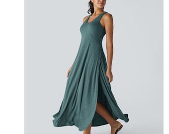 Athleta Womens Teal  Heathered Sleeveless Tulip Slit Maxi Dress L Travel comfort