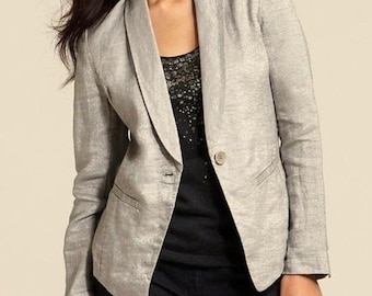 Eileen Fisher Women 2X Silver Metallic Linen Blend Shawl Collar Blazer lagenlook