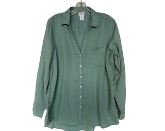 Sigrid Olsen Womens Large Sage Green 100% Linen Roll Tab Button Down Shirt