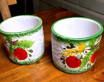 Vintage Sgraffito Italian pottery cache pots Pair Mid century handpainted 4 in
