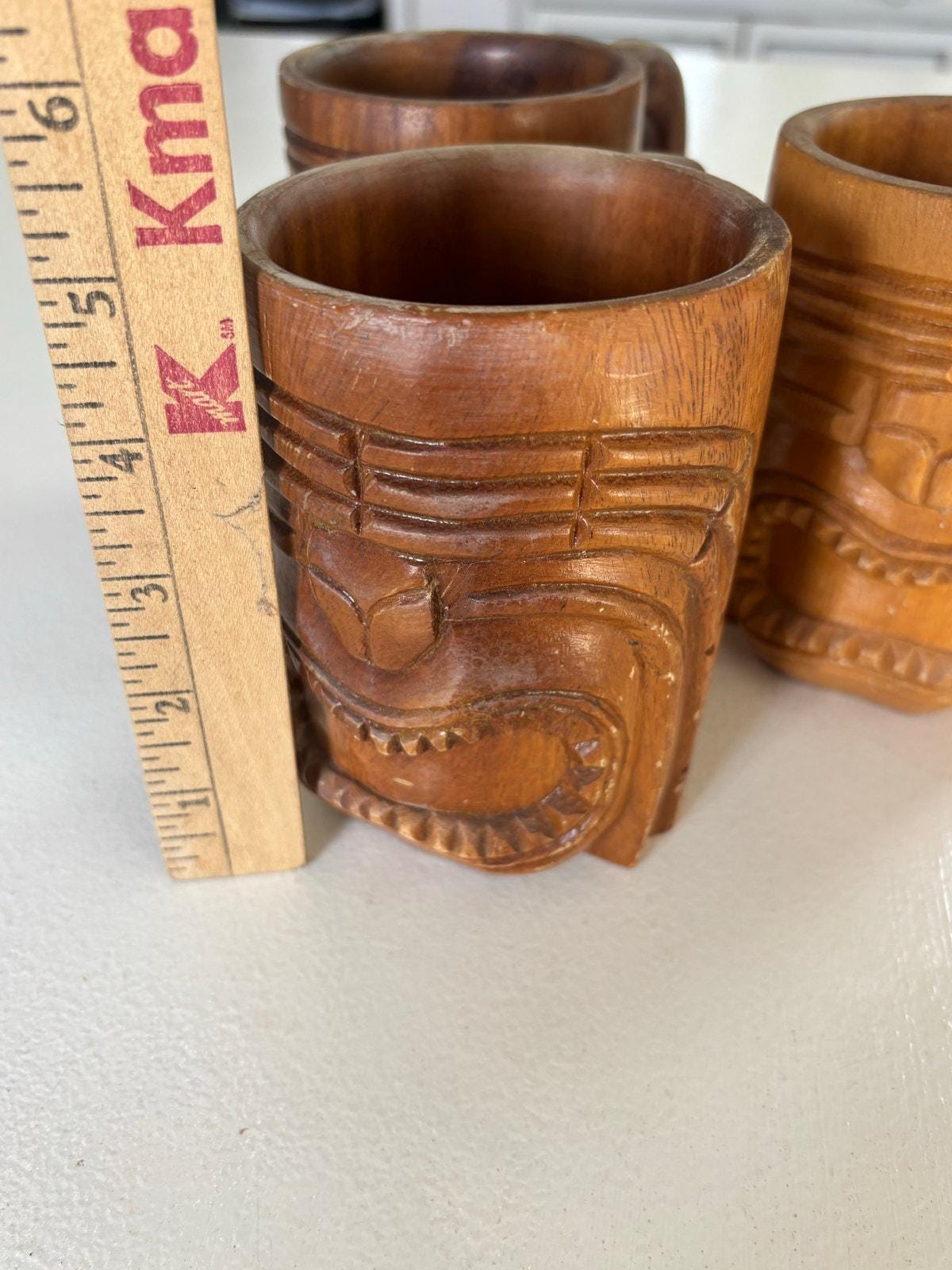 ヴィンテージの手彫り木製ティキカップ - フィリピンの手工芸品、3個