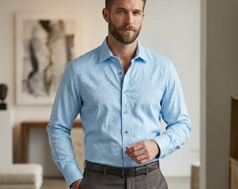 Camicia elegante da uomo Robert Graham, taglia L, azzurra, con ricamo paisley, vestibilità classica.