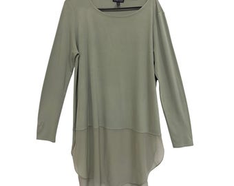 Eileen Fisher Sage Green Silk Trim Long Sleeve Tunic Top Medium M Mixed Media
