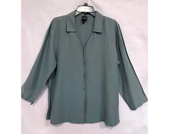 Eileen Fisher Silk Linen Blouse Sage Green Button Up Long Sleeve Top Laganlook