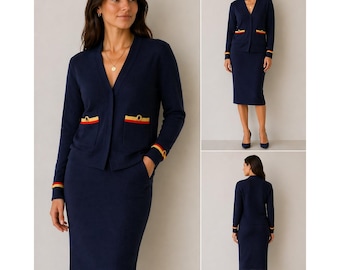 Vintage St John Sportswear Navy Blue Knit Skirt Set Nautical Gold Trim L 10 New