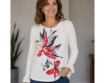Chico's Placed Lily Smocked Tee Cotton Slub Floral Graphic Top White Pink L (2)