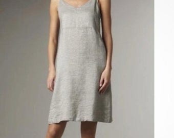 Eileen Fisher Twinkle Linen Blend Slip Dress L Taupe V-Neck Adjustable straps
