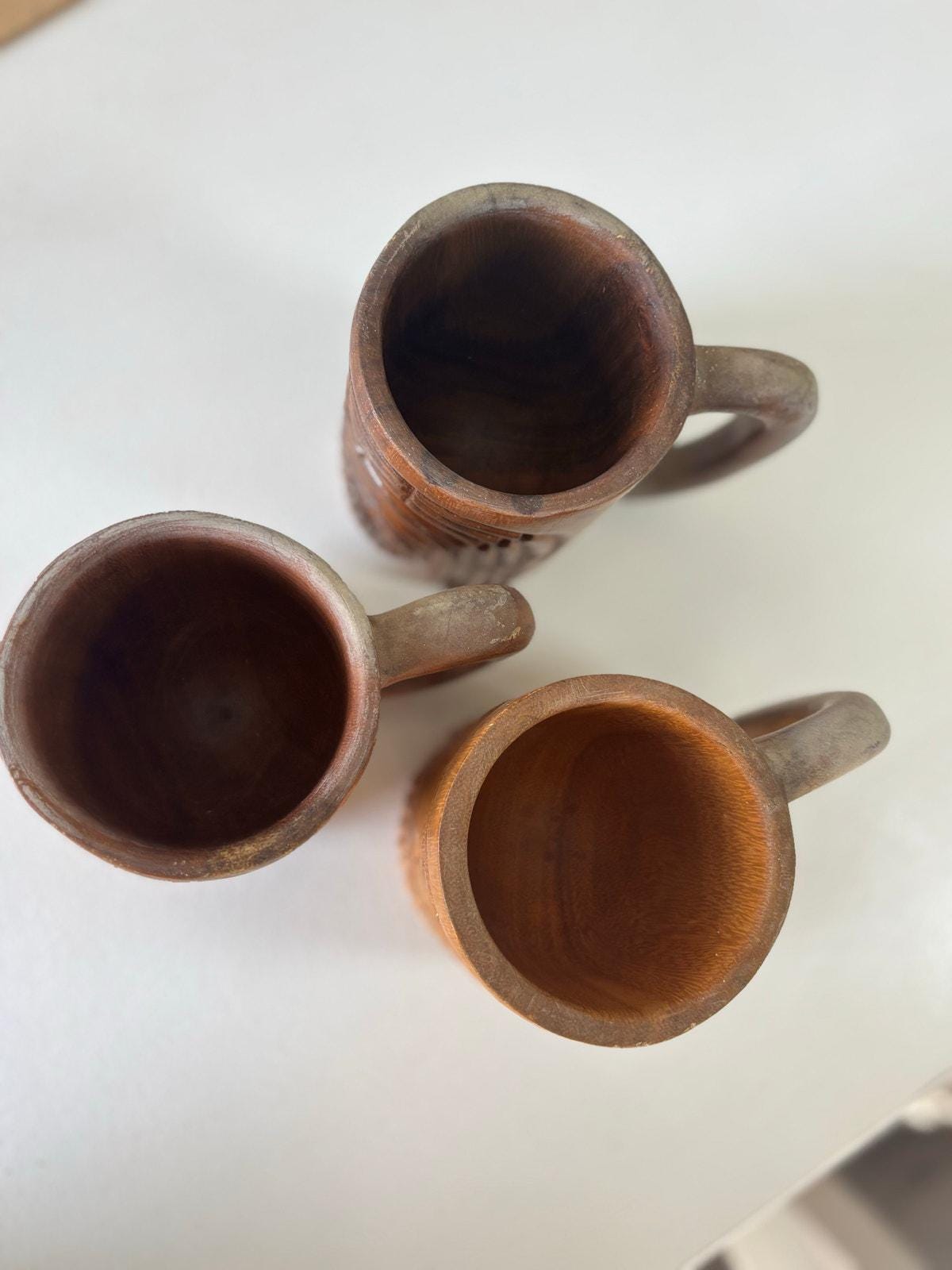 ヴィンテージの手彫り木製ティキカップ - フィリピンの手工芸品、3個