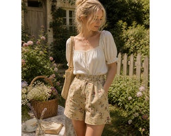 Talbots Women Beige Floral Linen Blend High Waisted Pleated Short 14 cottagecore