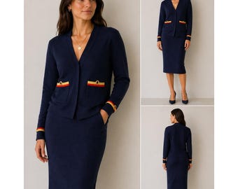 Vintage St John Sportswear Navy Blue Knit Skirt Set Nautical Gold Trim L 10 New