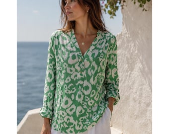Allison Taylor womens Green White Ikat Linen Tunic Shirt M Resortwear Boho