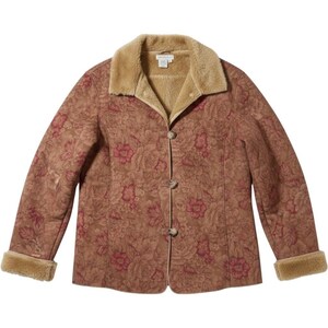 Vintage Floral Faux Suede Shearling Jacket Tan Rose Boho  Coat M earthy Hippie