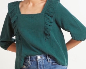 Evereve Bosgroene katoenen gaasblouse met ruches en pofmouwen, vierkante hals, maat M, boho