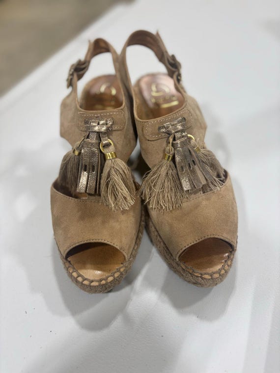 Kanna Espadrille Wedge Sandals Suede Tassel Peep Toe Beige  display picture 1