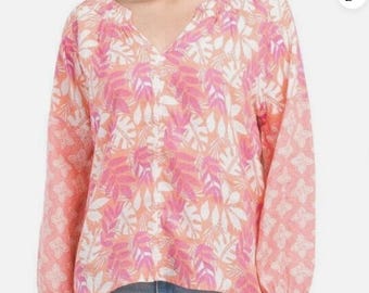 Sigrid Olsen Womens Large Pink Coral Tropical 100% Linen Smocked Blouse peasant