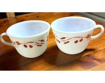Vintage Pyrex Autumn Harvest Milk Glass Coffee Mugs Set of 2 Wheat Berry White