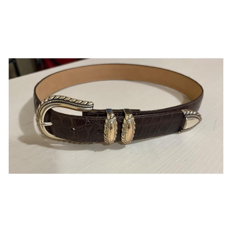 Brighton Womens Dark Brown Croc Embossed Leather Western Belt Silver Buckle S image 2